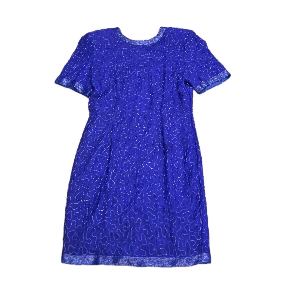 Vintage Stenay Royal Blue Silk Beaded Art Deco Evening Gown Dress - Size 10